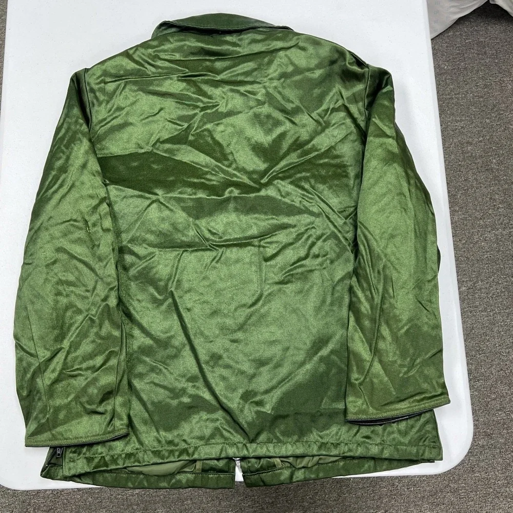 70s/80s Satin Utility Jacket Mens L Green Vintage Zip Up Bomber Side Vents